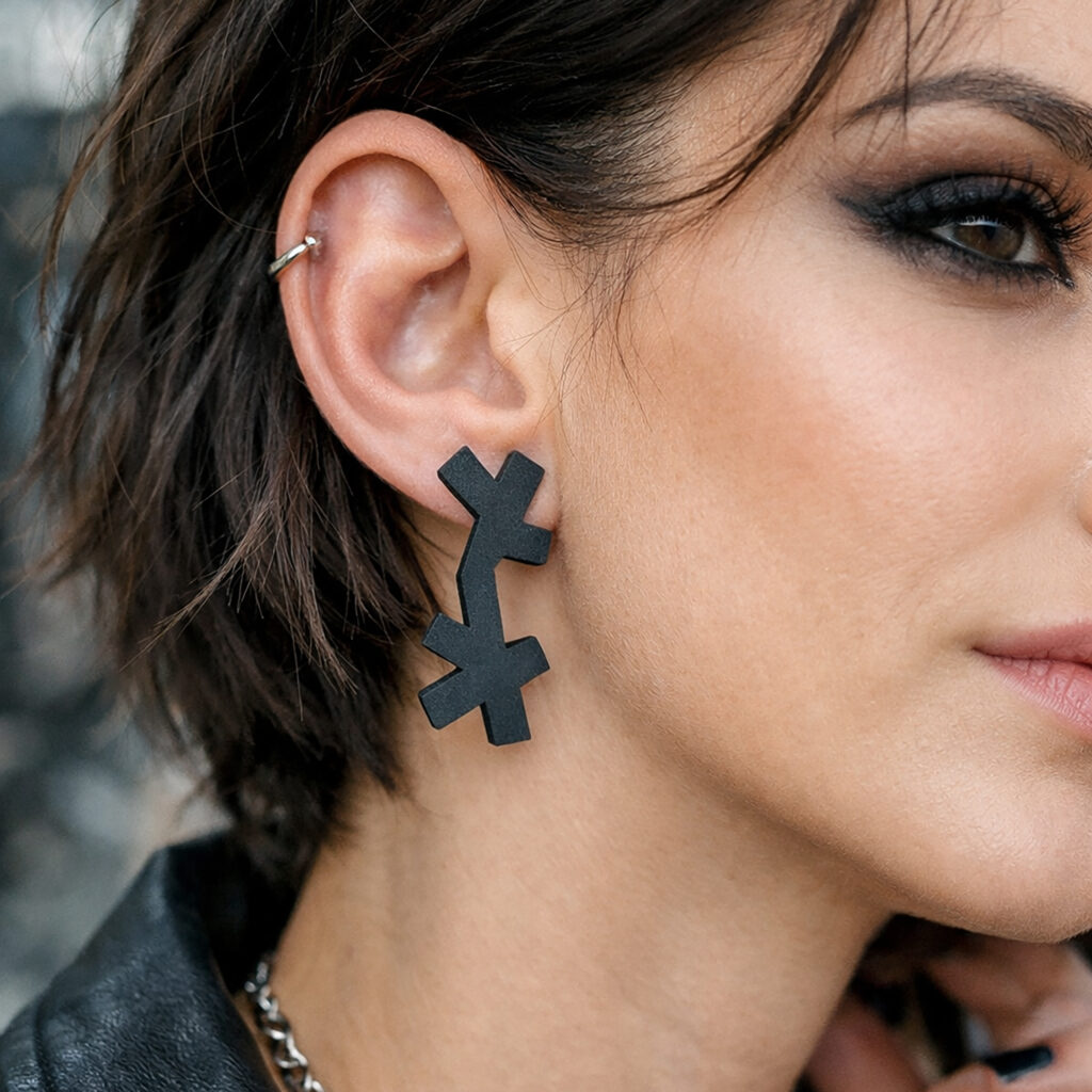 Black abstract geometric wooden statement earrings worn on ear