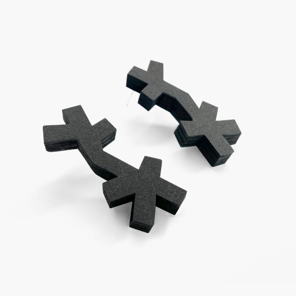 Black sculptural geometric earrings with overlapping cross shapes – angled view
