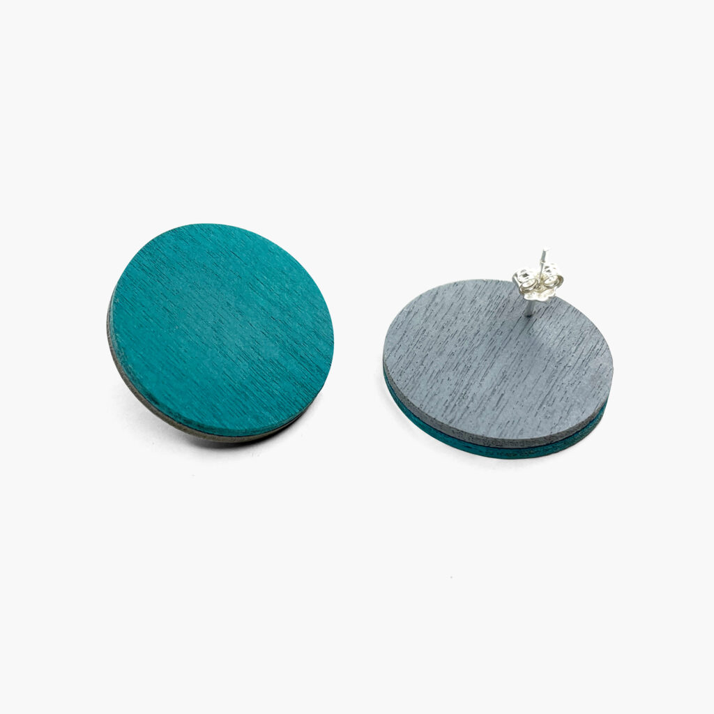 Petrol wooden disc earrings showing front and back