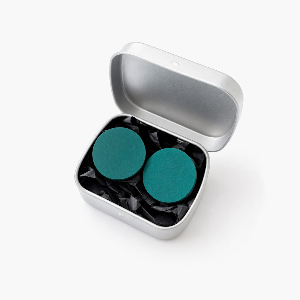 Petrol wooden disc stud earrings in metal gift box