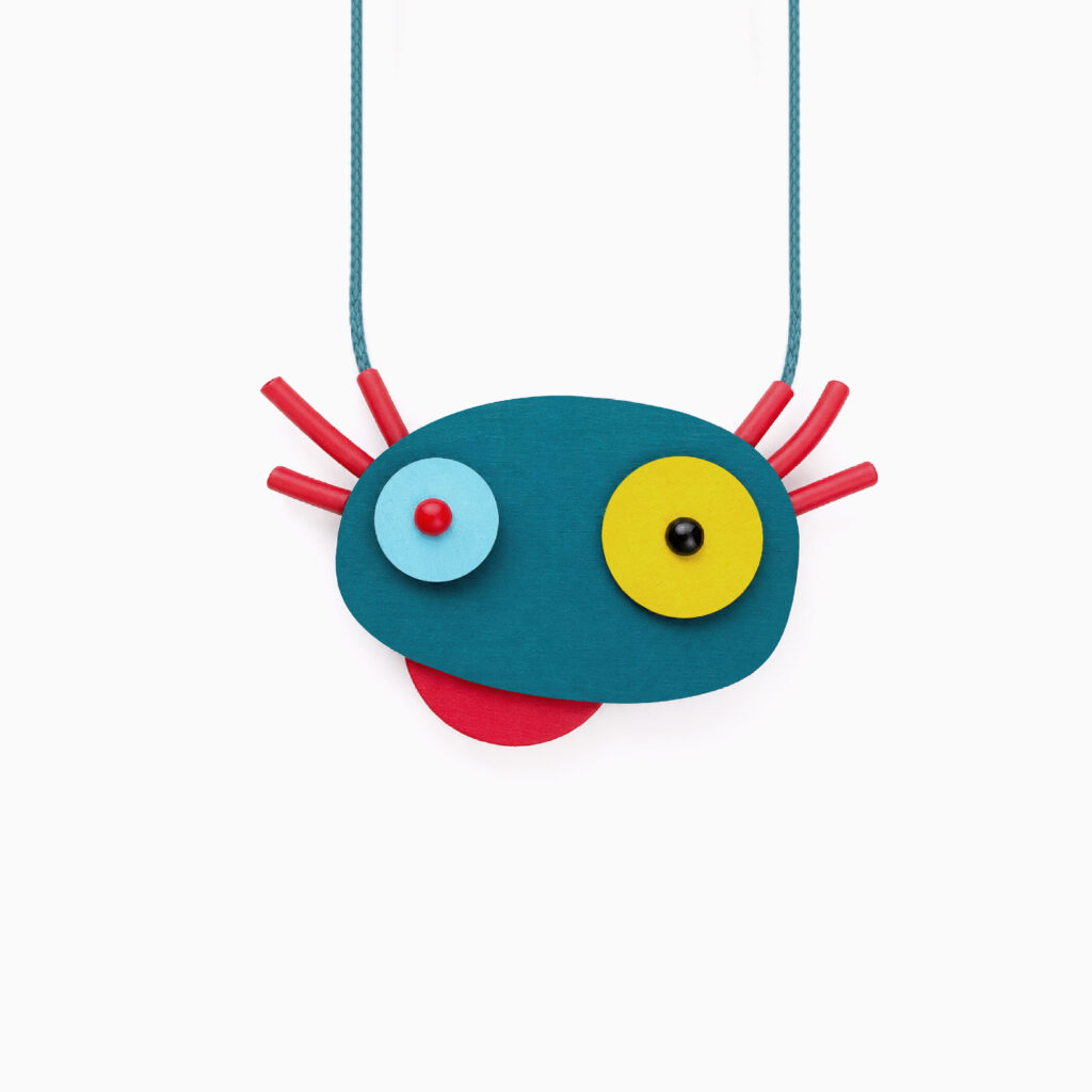 Hand-painted wooden axolotl necklace with turquoise body, yellow and blue eyes, and red details