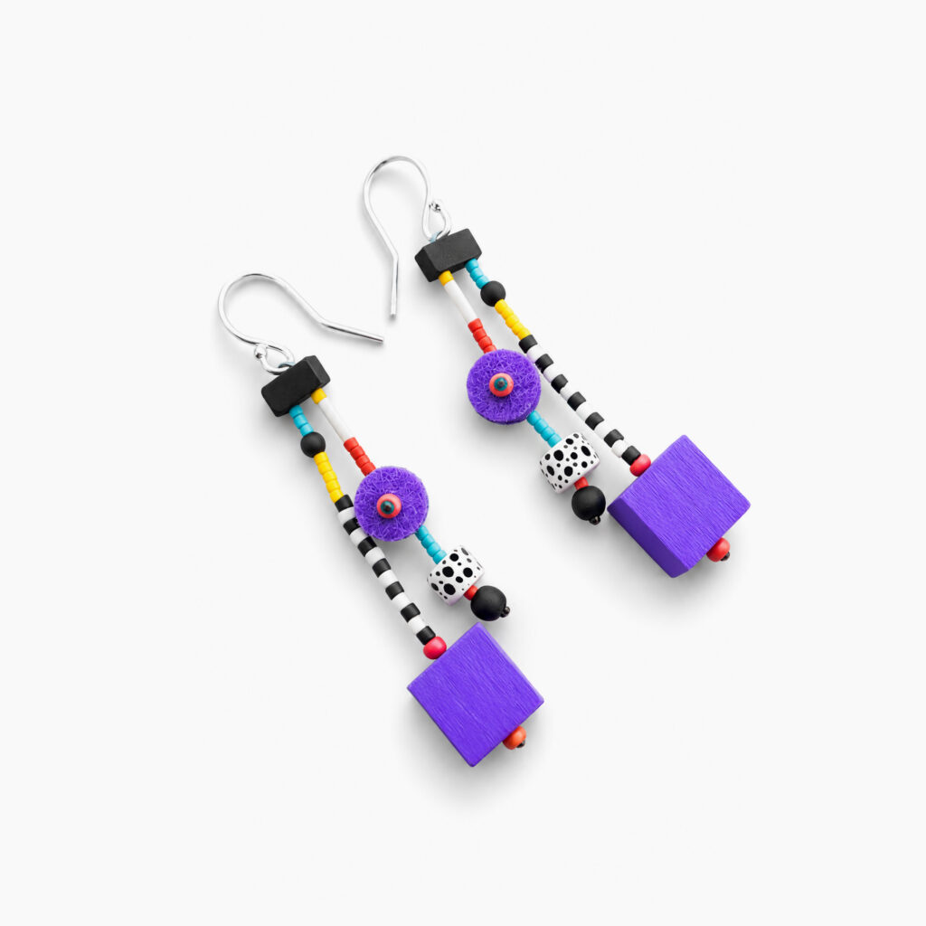 Colorful purple statement earrings with square wooden pendants and sterling silver hooks