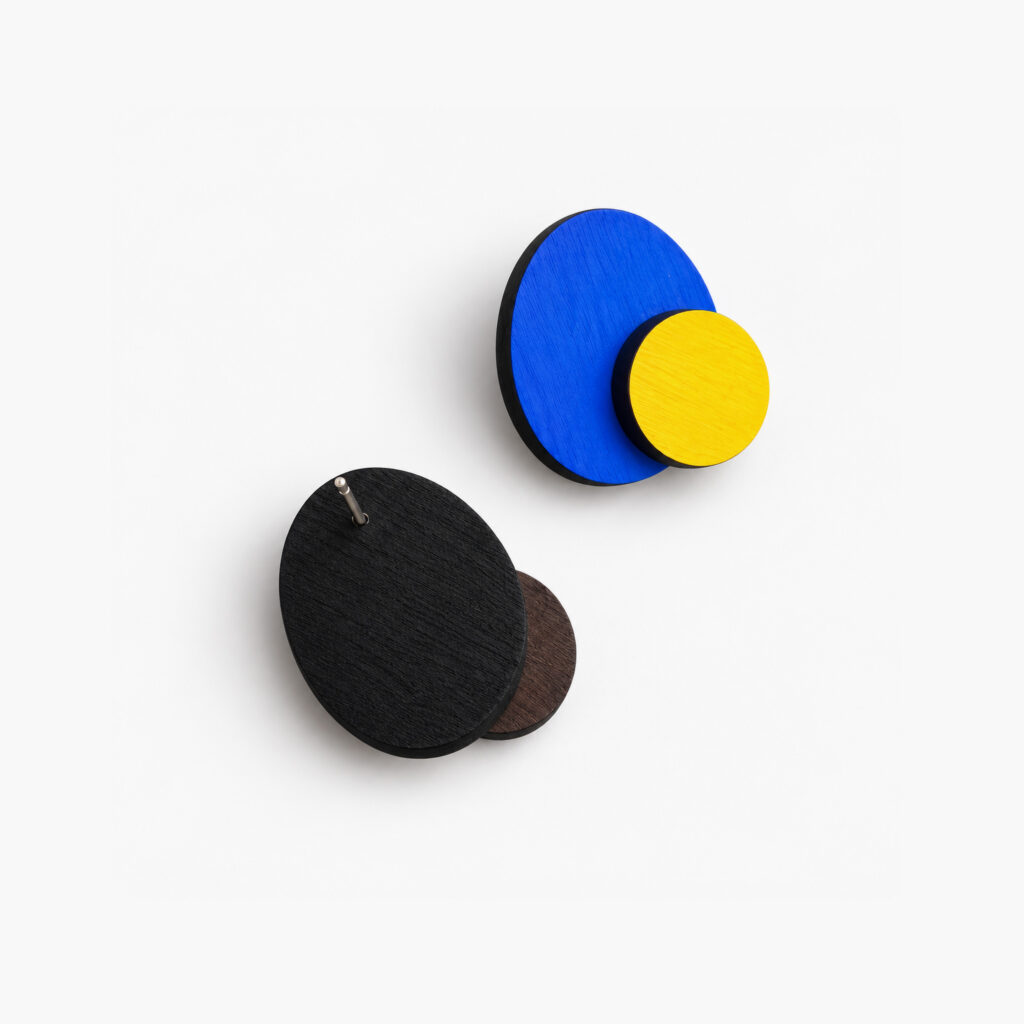 Blue and yellow wooden stud earrings – front and back view