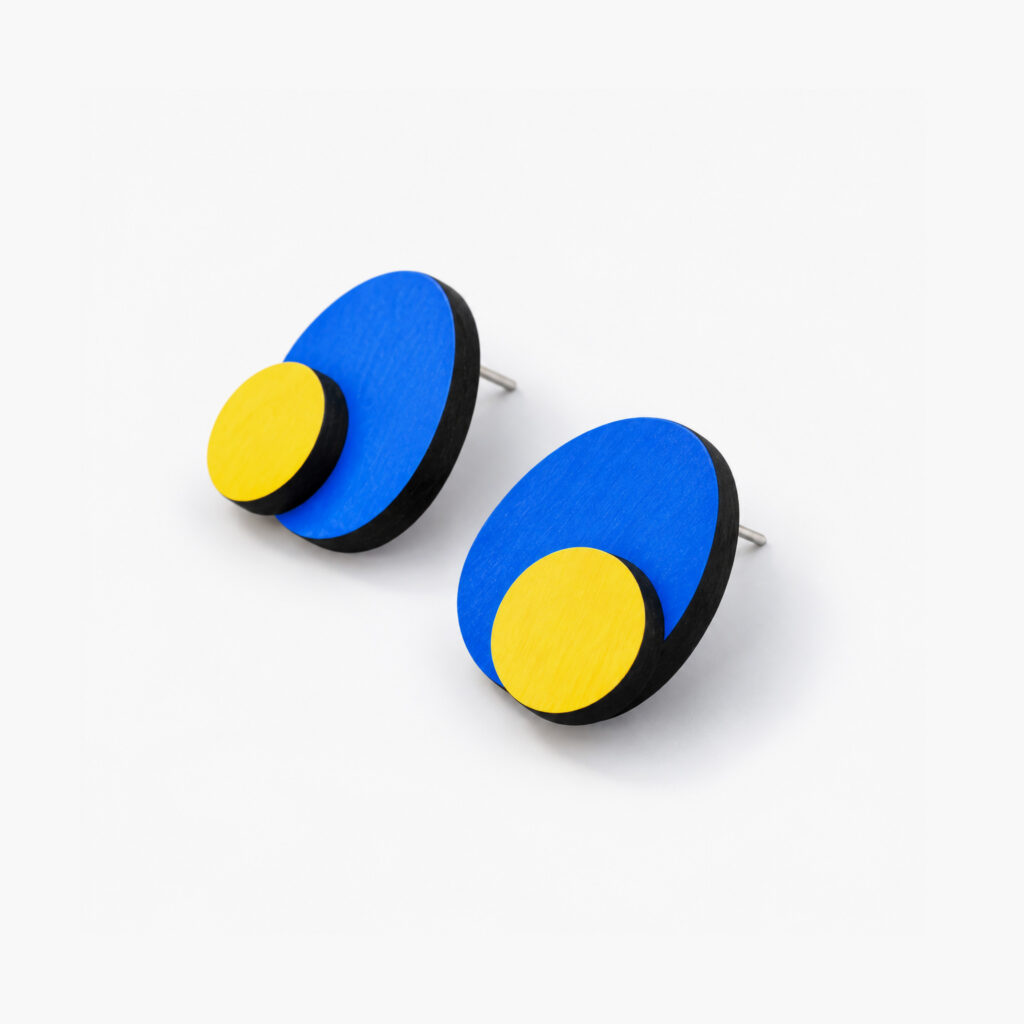 Blue and yellow geometric stud earrings – handmade wooden jewelry