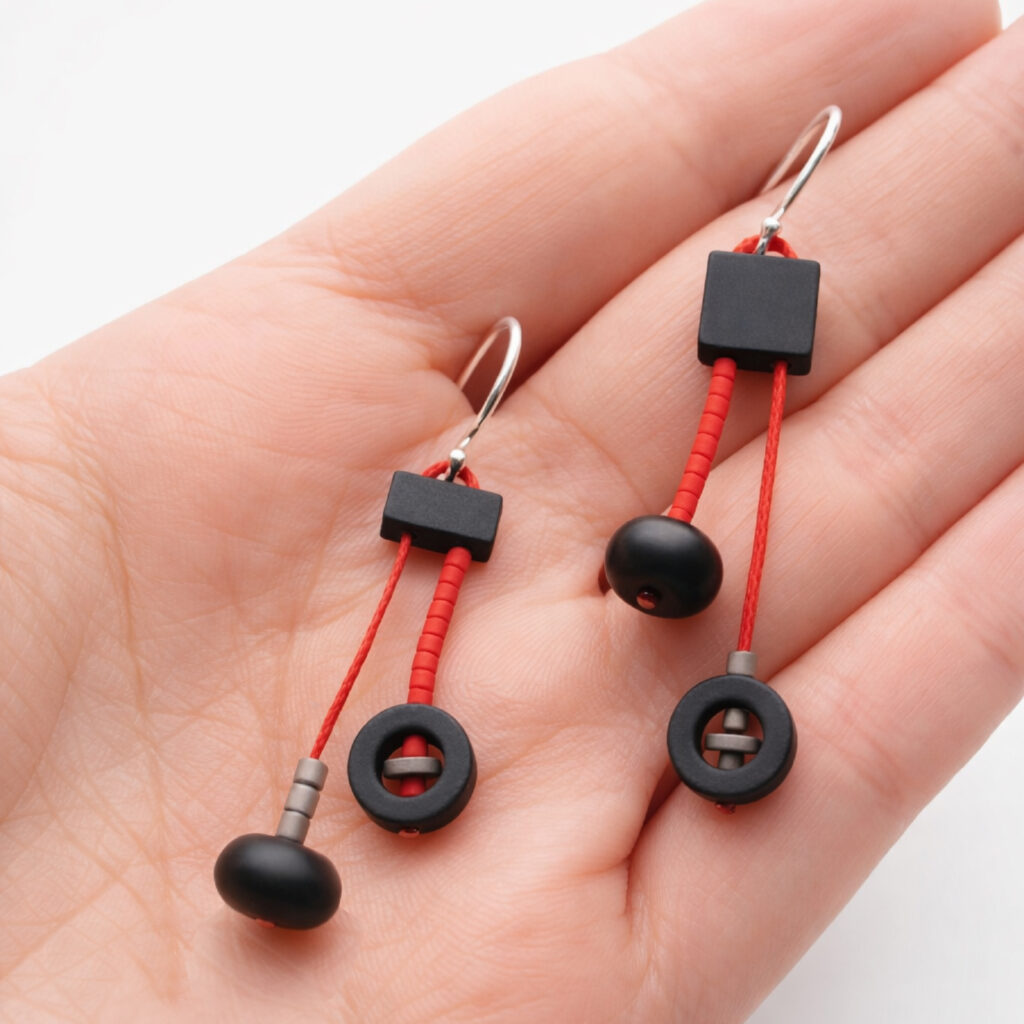 Black and red mismatched dangle earrings with geometric beads shown in hand