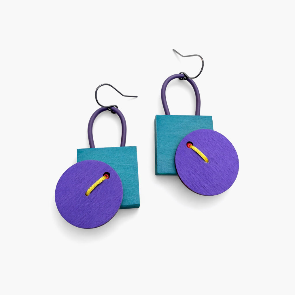 Purple and petrol geometric dangle earrings with turquoise squares and yellow accents