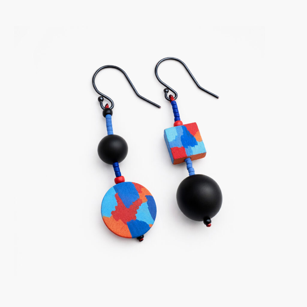 Asymmetrical statement earrings with abstract painted wooden shapes and black beads
