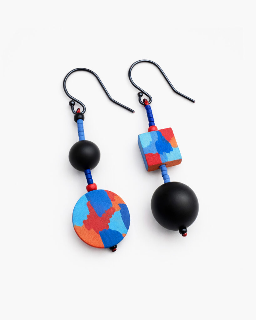 Colorful mismatched geometric dangle earrings with black beads and sterling silver hooks