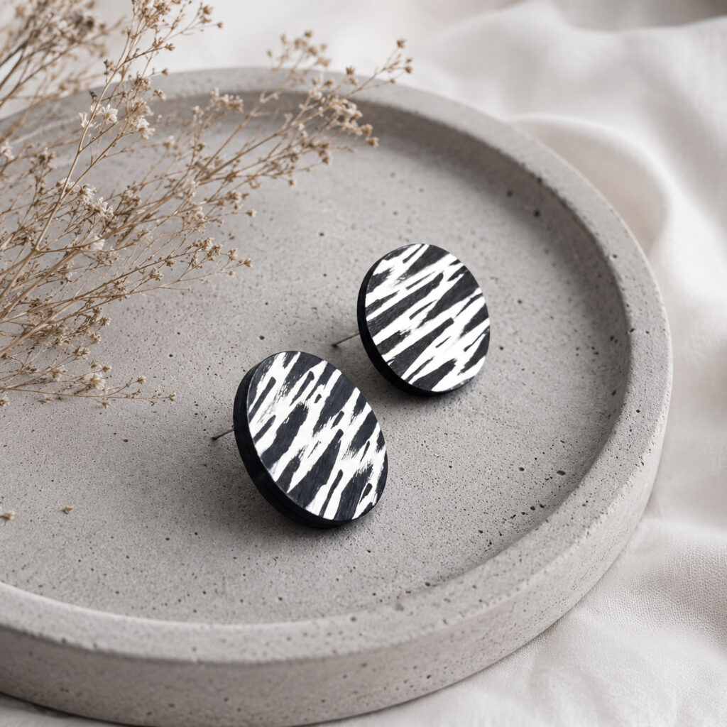 Black and white abstract zebra print stud earrings styled on a ceramic tray